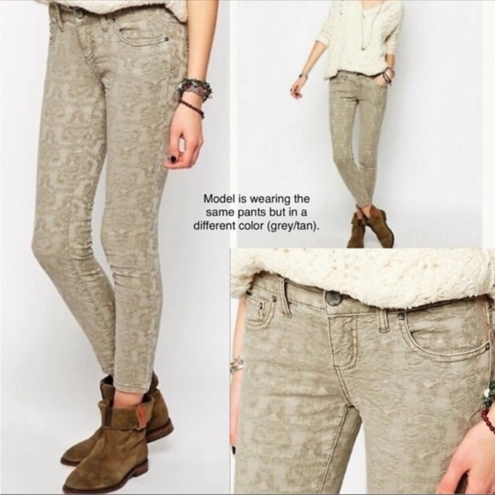 FREE PEOPLE CREAM TEXTURED JACQUARD SKINNY ANKLE NEUTRAL PANTS 30